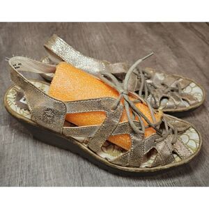 FLY London Yapi Metallic Gold‎ Leather Ghillie Wedge Sandals size 40